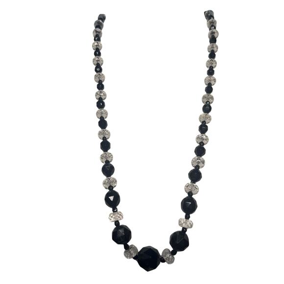 Vintage Glass Jet and Crystal Faceted Bead Opera Length Necklace Toggle Clasp - Picture 1 of 5
